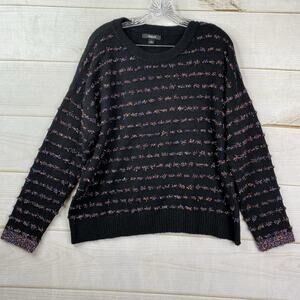 Tribekka 44 Sweater Womens Large Pullover Black Fuzzy Multicolor Artsy Stretch